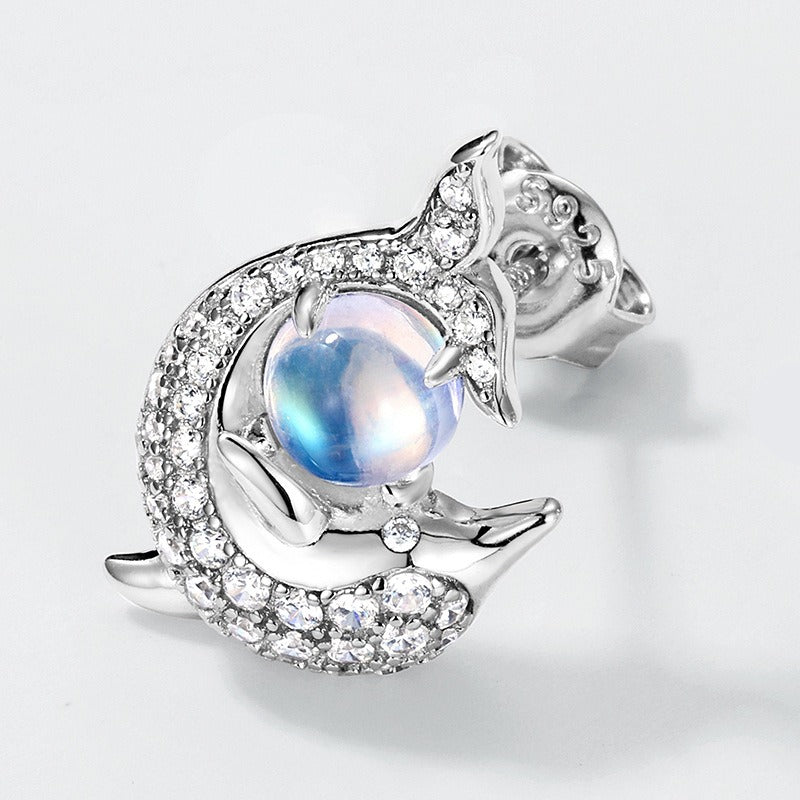 Round Cut Blue Moonstone Ocean Elegant Dolphin Earrings