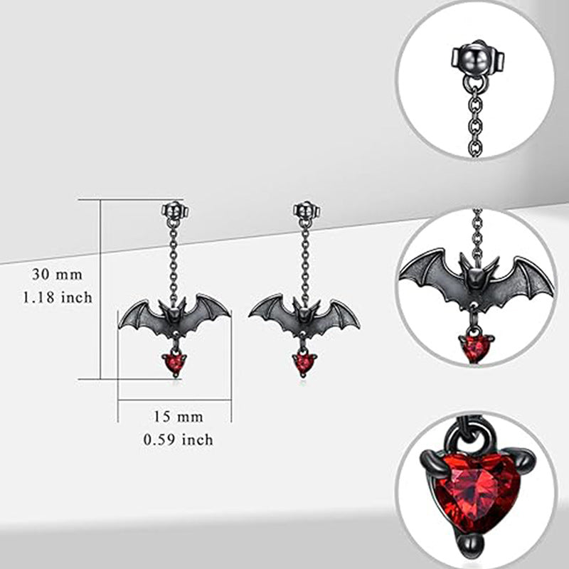 Gothic Heart Cut Cubic Zirconia Bat Earrings Halloween Drop Earrings