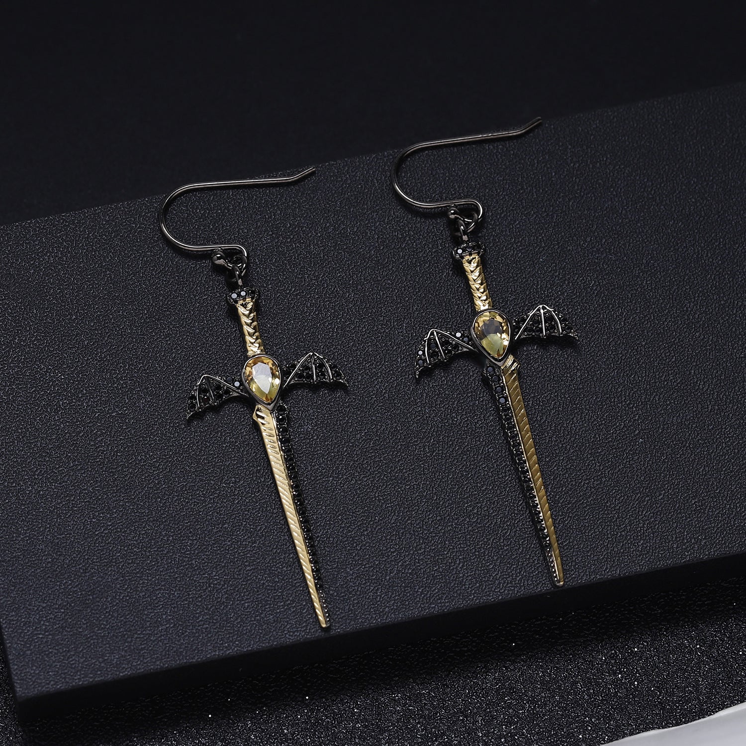 Gothic Pear Cut Natural Garnet Sword/Dagger & Bat Drop Earrings