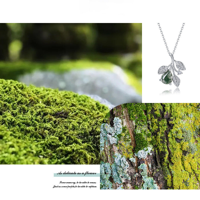 'Moss Whisper' Nature Inspired Pear Cut Leafy Moss Agate Necklace