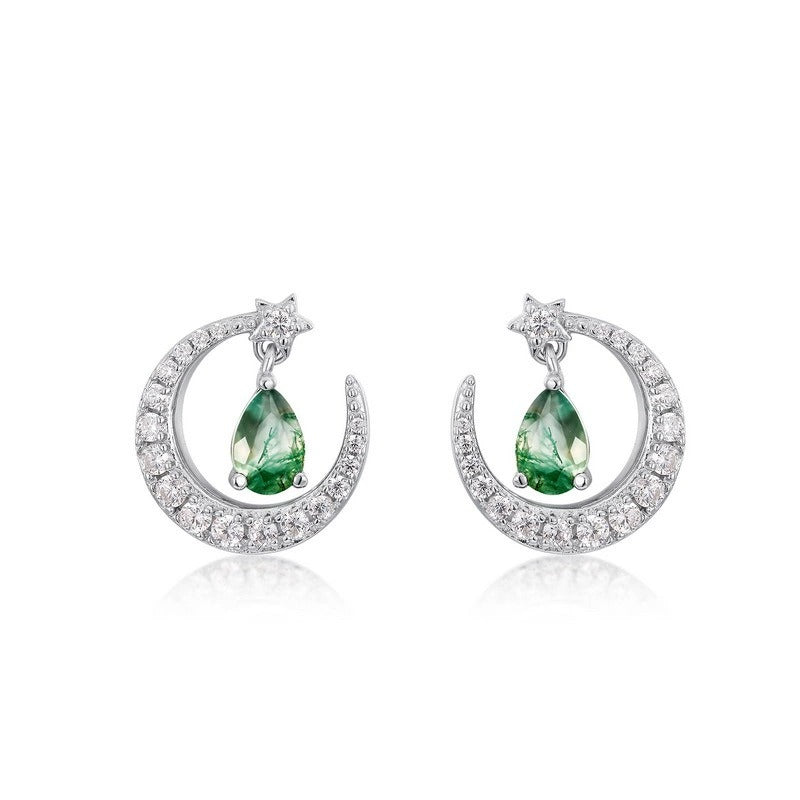 Pear Cut Moss Agate Galaxy Crescent Moon Stud Earrings