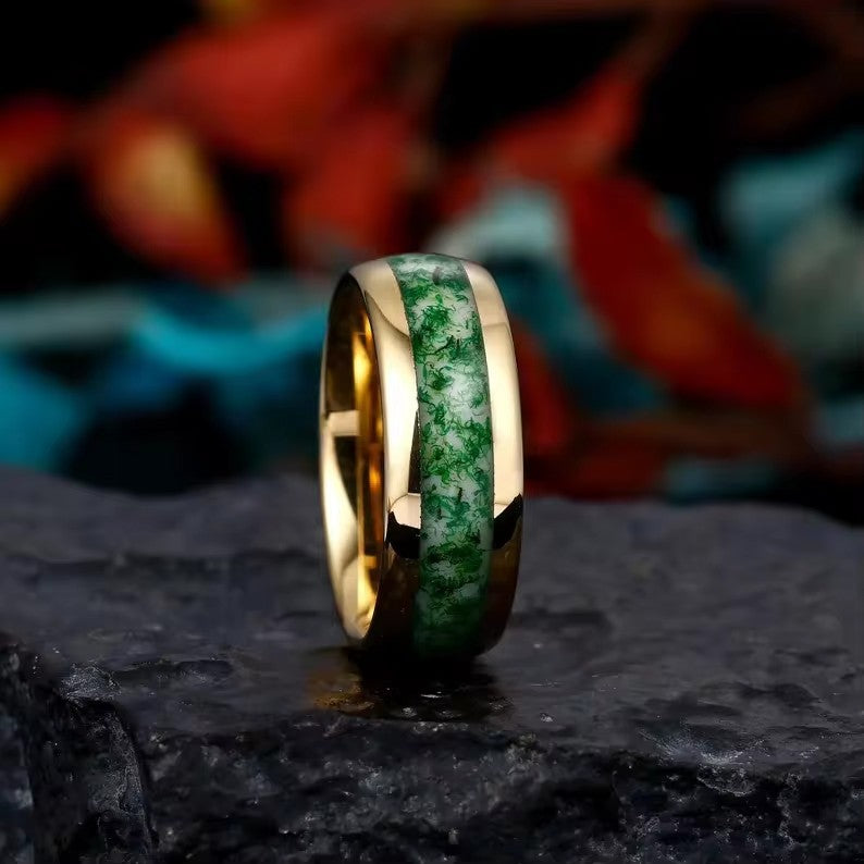 'BiAura' Two-Tone Polished Dome Moss Agate Green Men Band