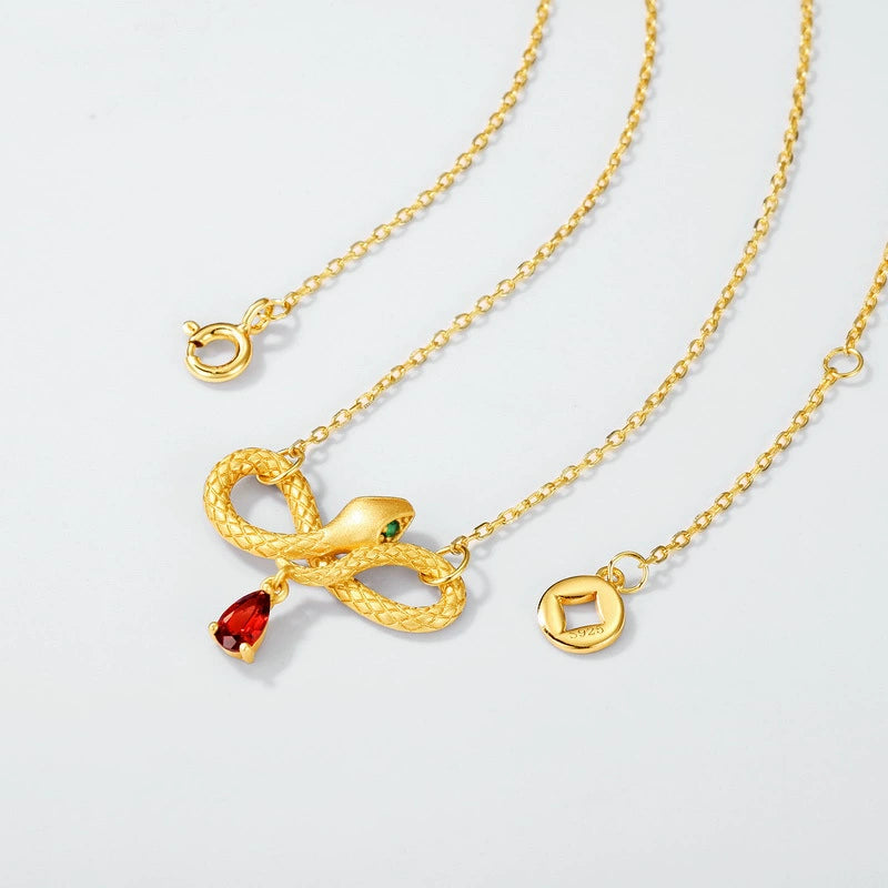 Pear Cut Garnet Mystical Serpent Carved Unique Necklace