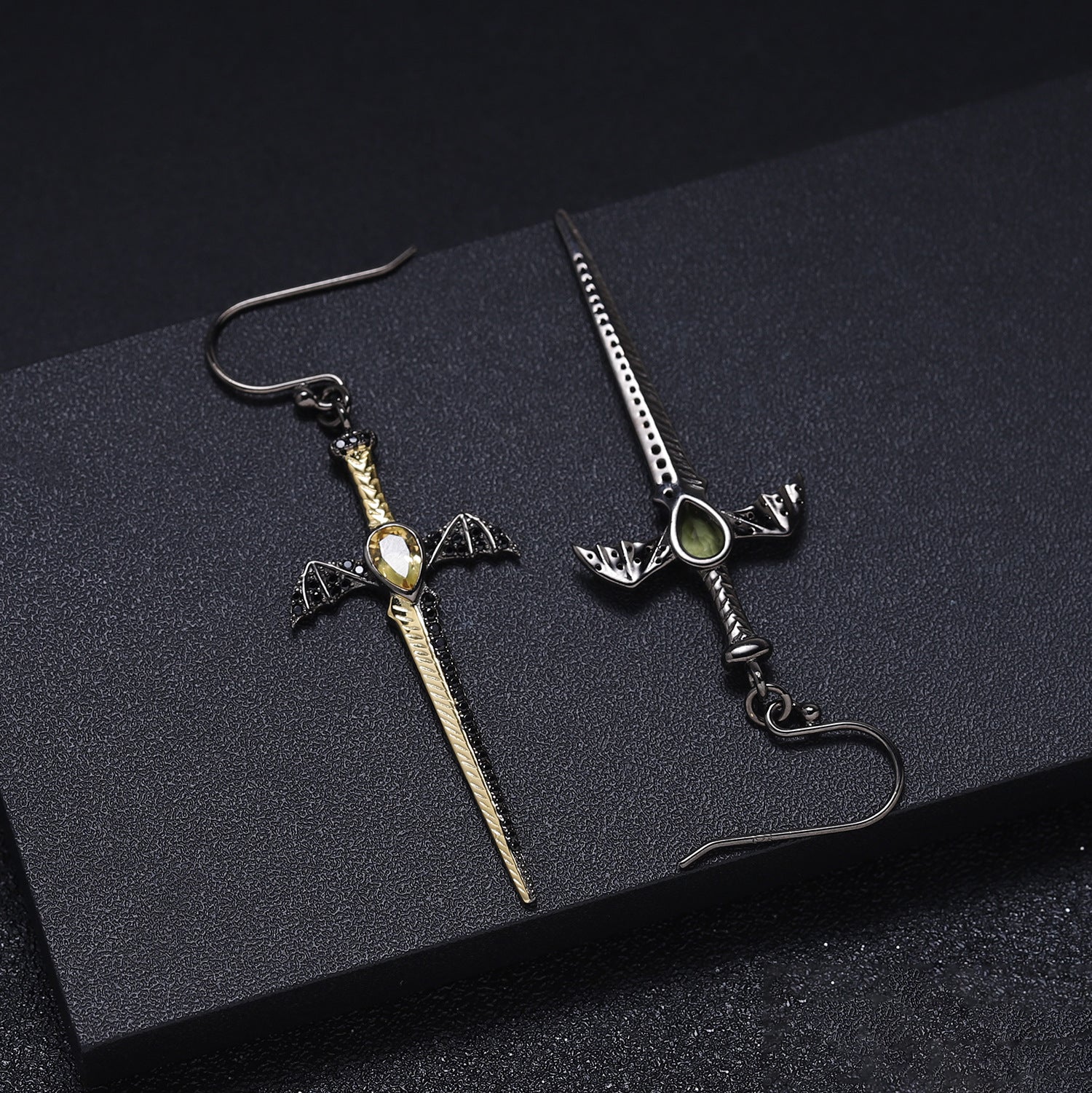 Gothic Pear Cut Natural Garnet Sword/Dagger & Bat Drop Earrings