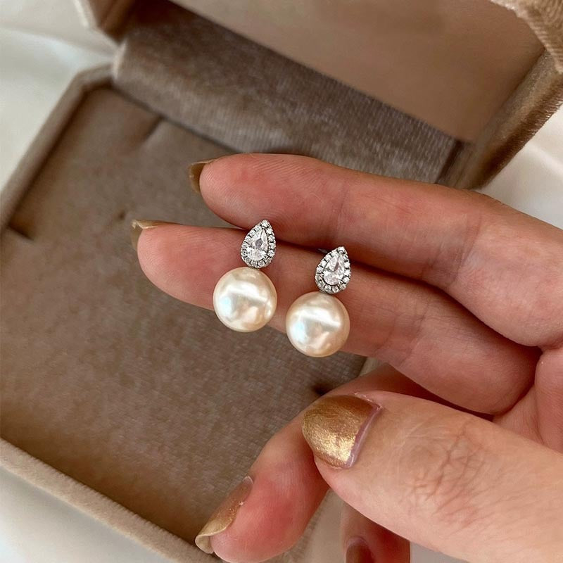 10K/14K Pear Cut Zircon & Natural Pearl Drop Earrings Classic Wedding Earrings