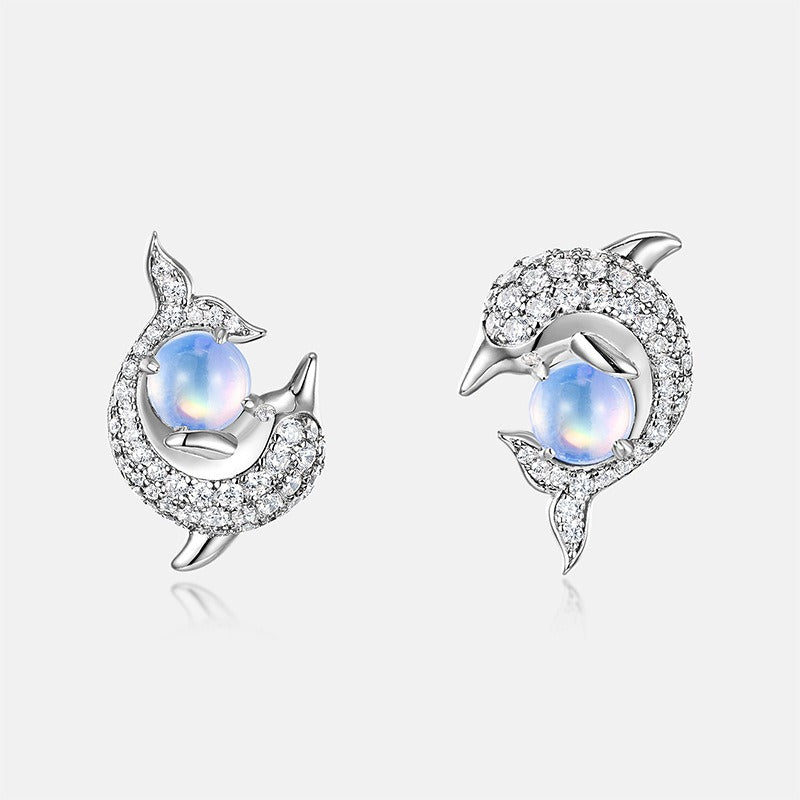 Round Cut Blue Moonstone Ocean Elegant Dolphin Earrings