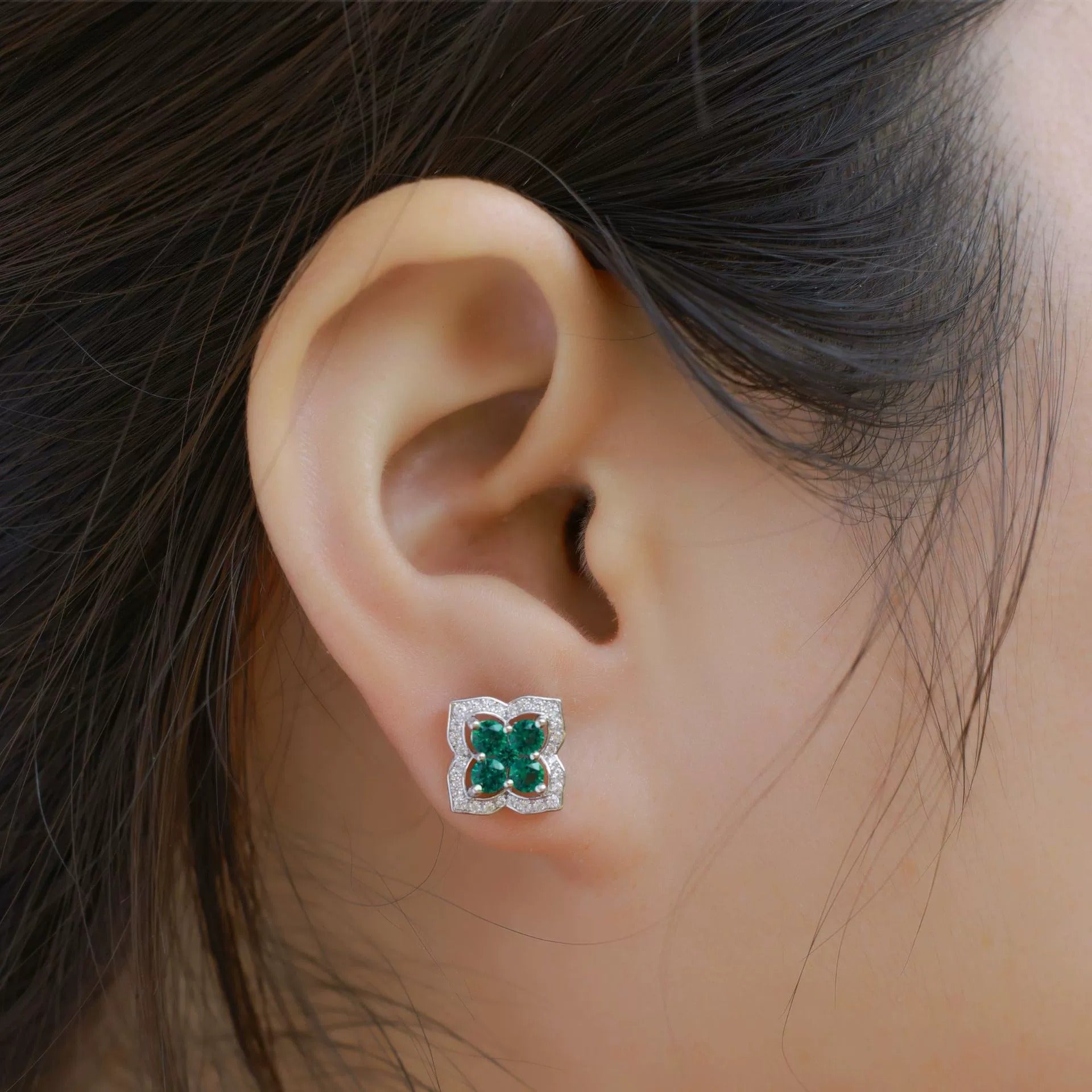 Round Cut Lab Emerald Nature Inspired Four Leaf Clover Stud Earrings