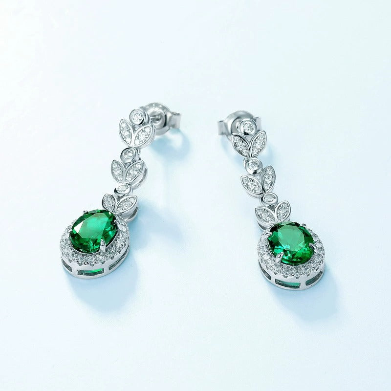 Oval Cut Lab Emerald Nature Inspired Leaf Drop Earrings