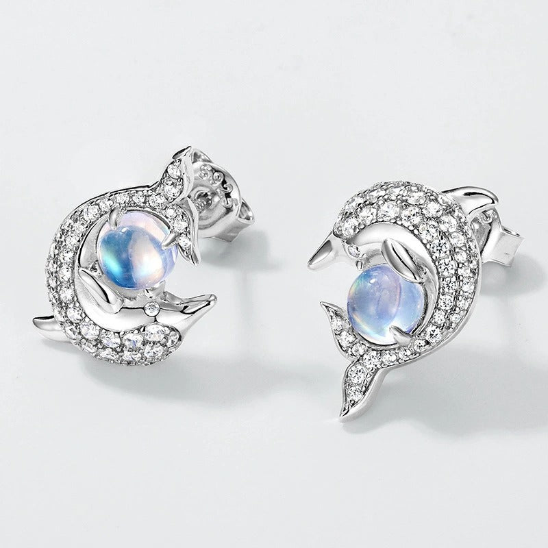 Round Cut Blue Moonstone Ocean Elegant Dolphin Earrings