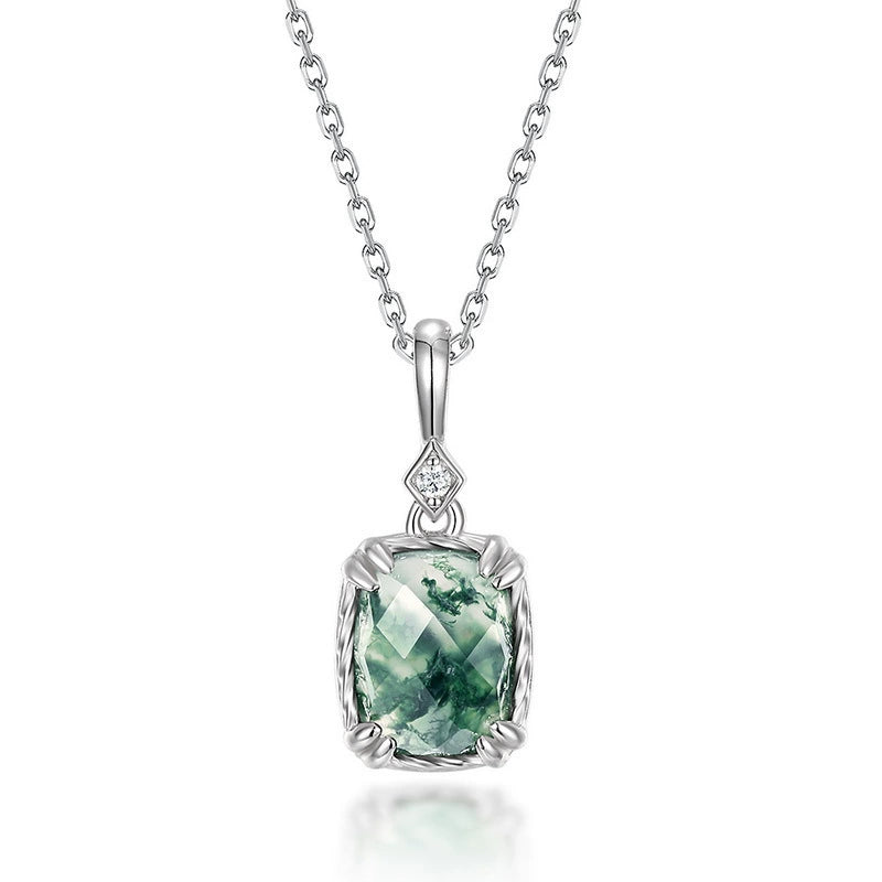 Sylviana Cushion Cut Moss Agate Halo Necklace