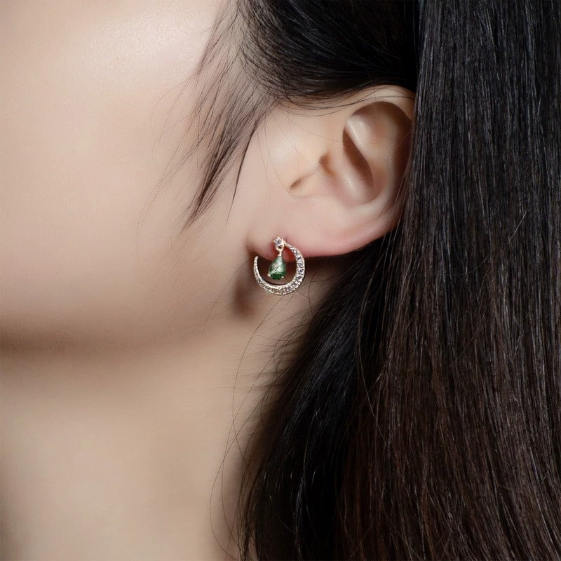 Pear Cut Moss Agate Galaxy Crescent Moon Stud Earrings