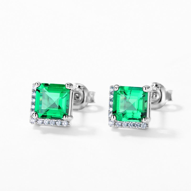 Princess Cut Lab Emerald Classic Minimalist Earrings