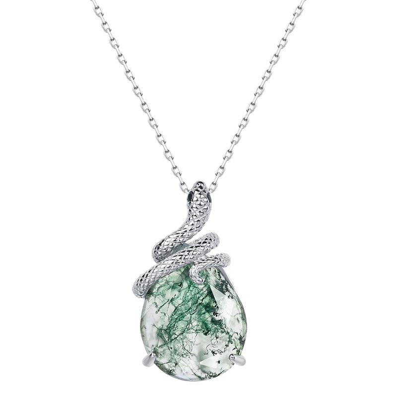 Kite Cut Moss Agate Mystical Serpent Carved Nature Inspired  Necklace