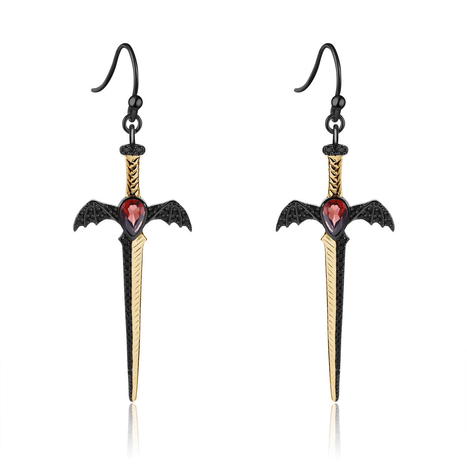 Gothic Pear Cut Natural Garnet Sword/Dagger & Bat Drop Earrings