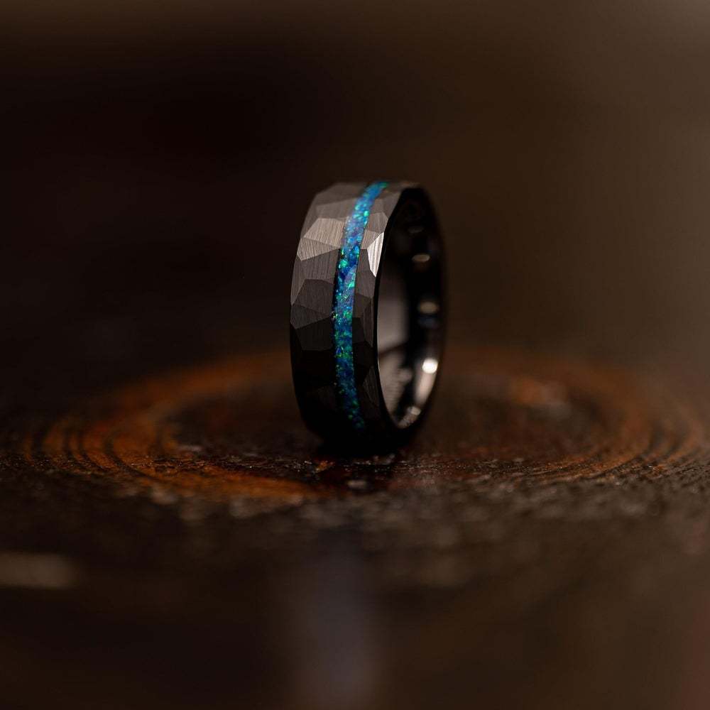 “Neon Rift” 8MM Hammered Flat with Blue Opal Inlay Men Band