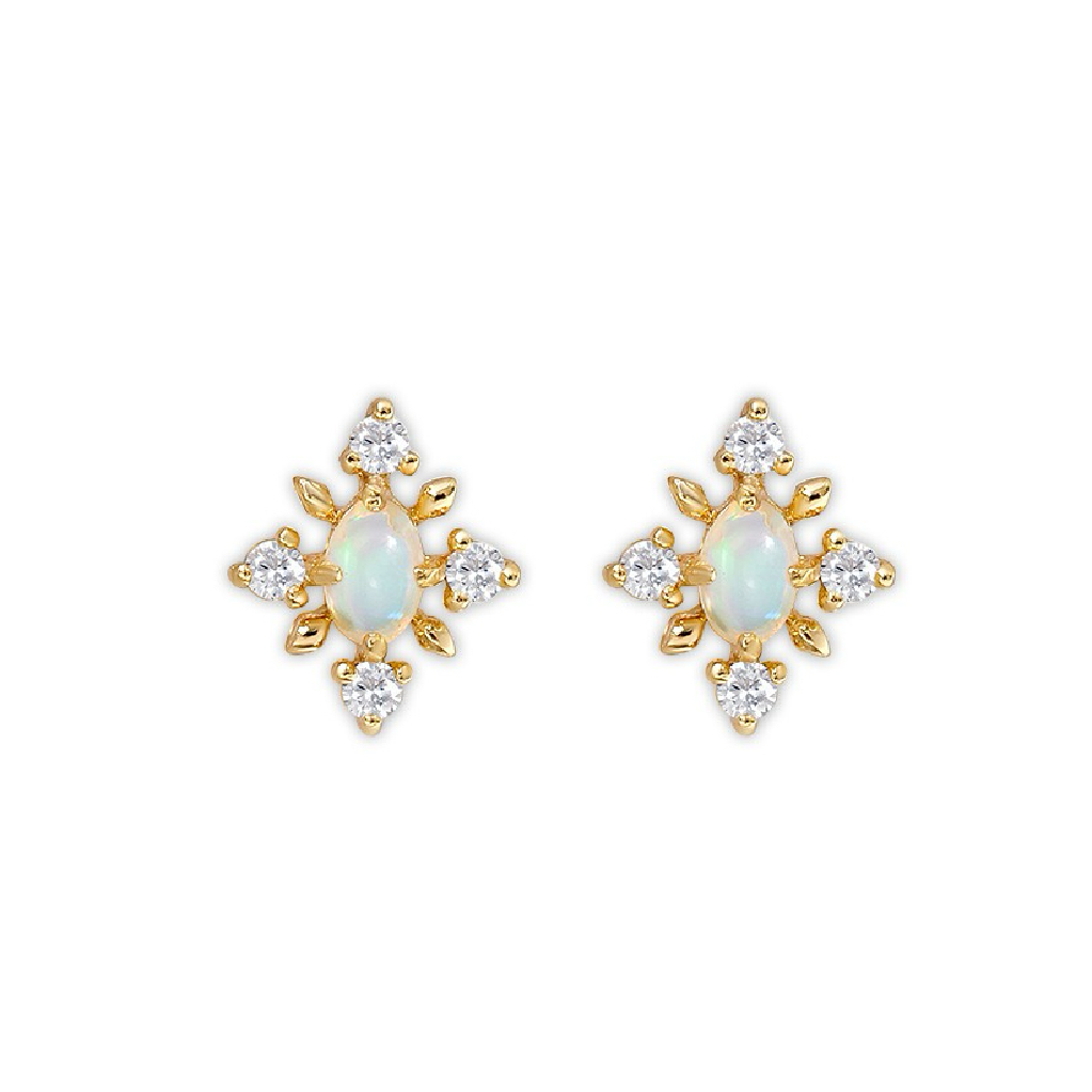 Oval Cut Natural Opal Classic Minimalist Snowflake Stud Earrings