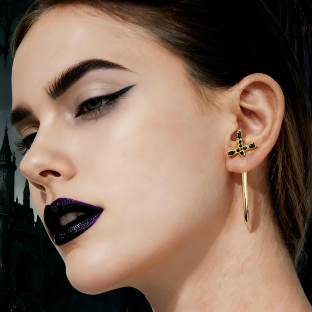 Gothic Black Cubic Zirconia Sword/Dagger Earrings Unique Front Back Earrings 1 pc