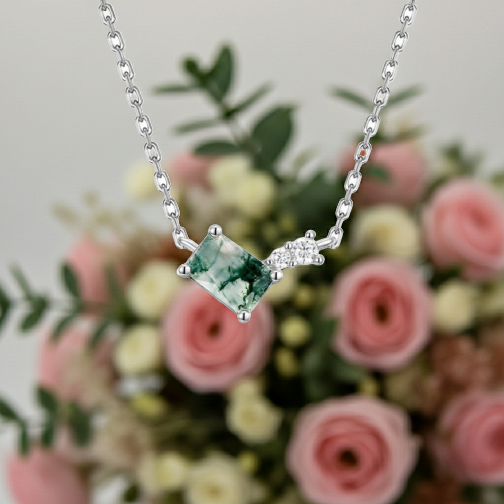 Ophelia Emerald Cut Moss Agate Classic Necklace