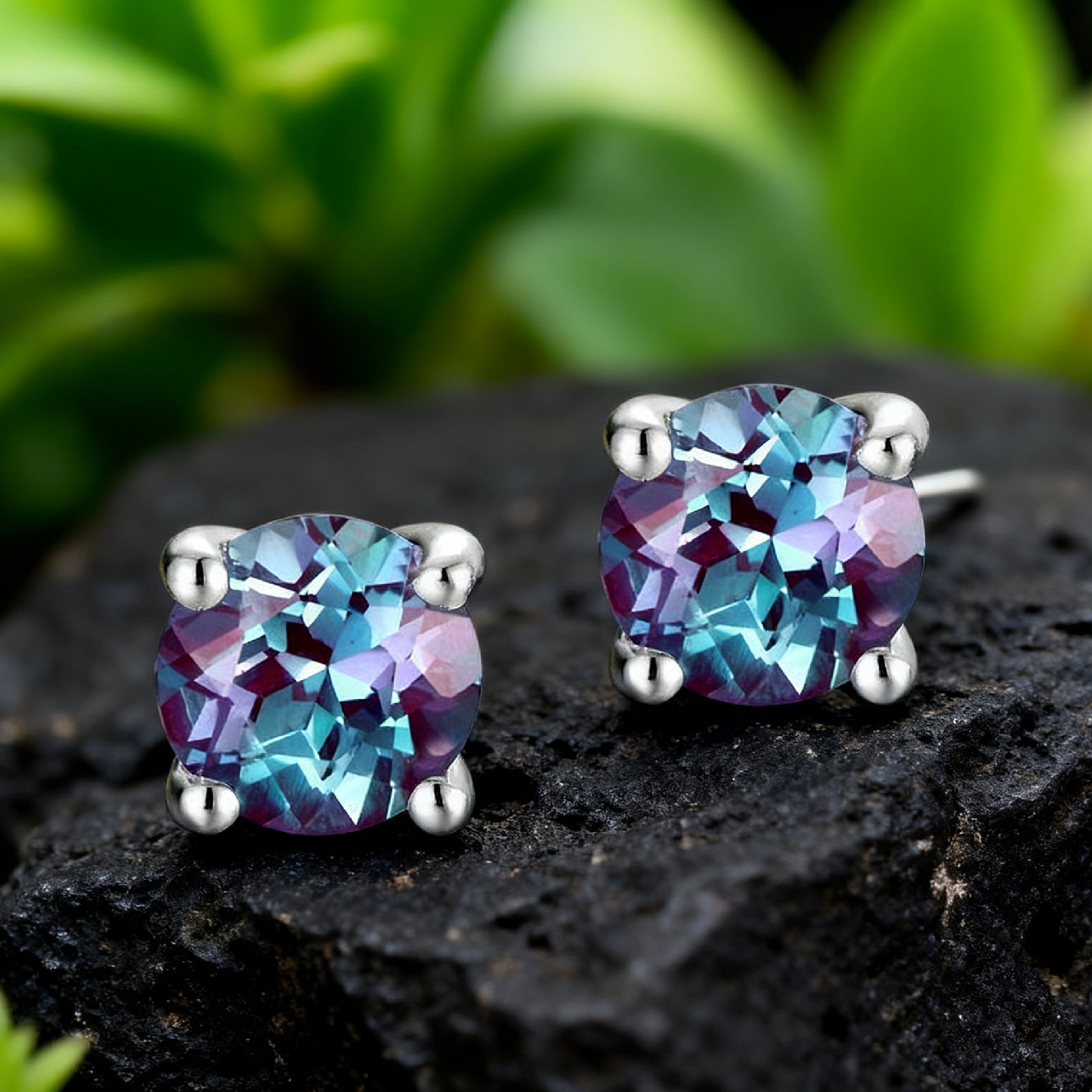 Round Cut Alexandrite Solitaire Minimalist Classic Stud Earrings