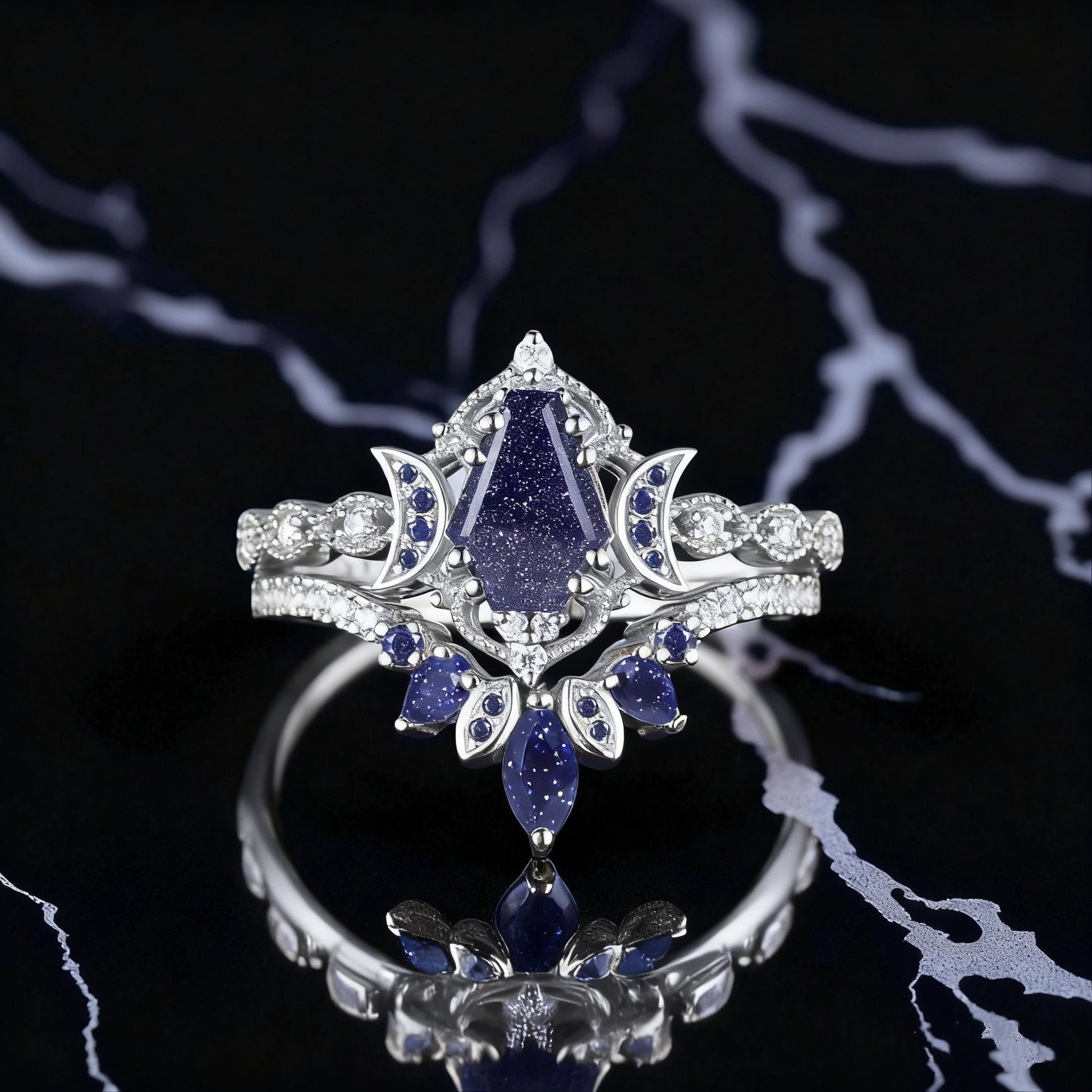 Galaxy Crescent Moon Black Gold Coffin Blue Sandstone Gothic Witchy Engagement Ring Set