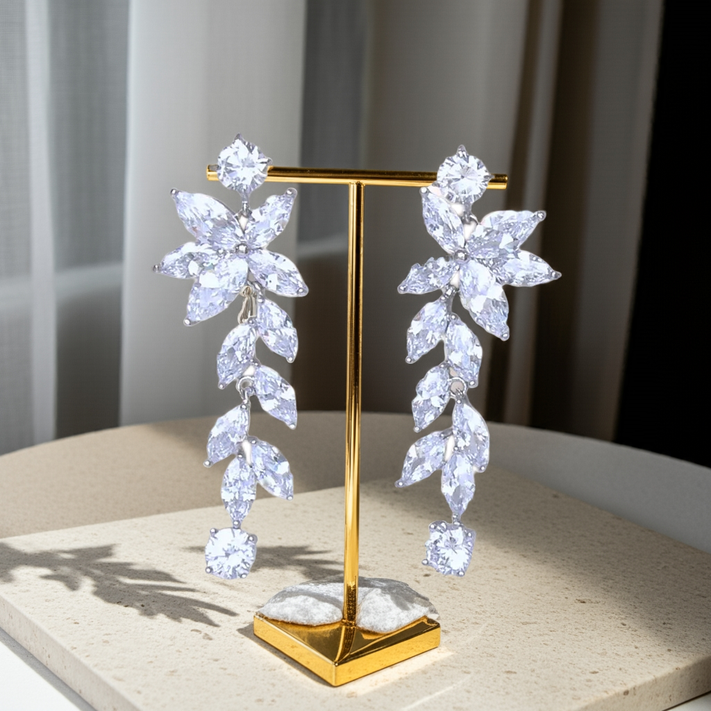 Marquise Long Crystal Chandelier Moissanite Bridal Earrings, Moissanite Wedding Earrings