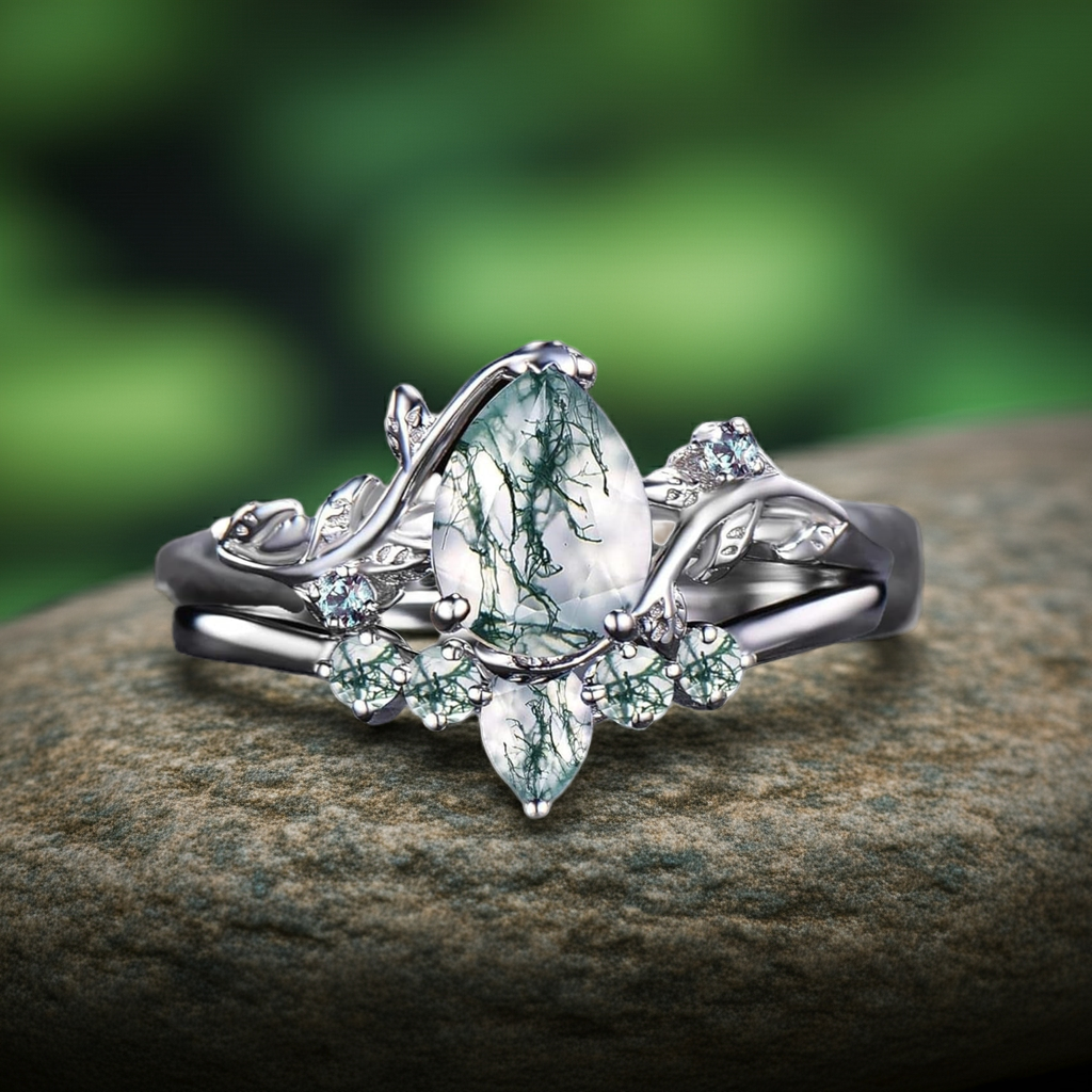 Women Vine Natural Pear Cut Moss Agate Engagement Ring Set