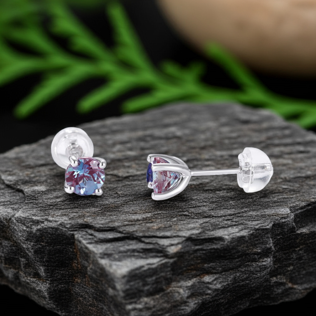 Round Cut Alexandrite Solitaire Minimalist Classic Stud Earrings