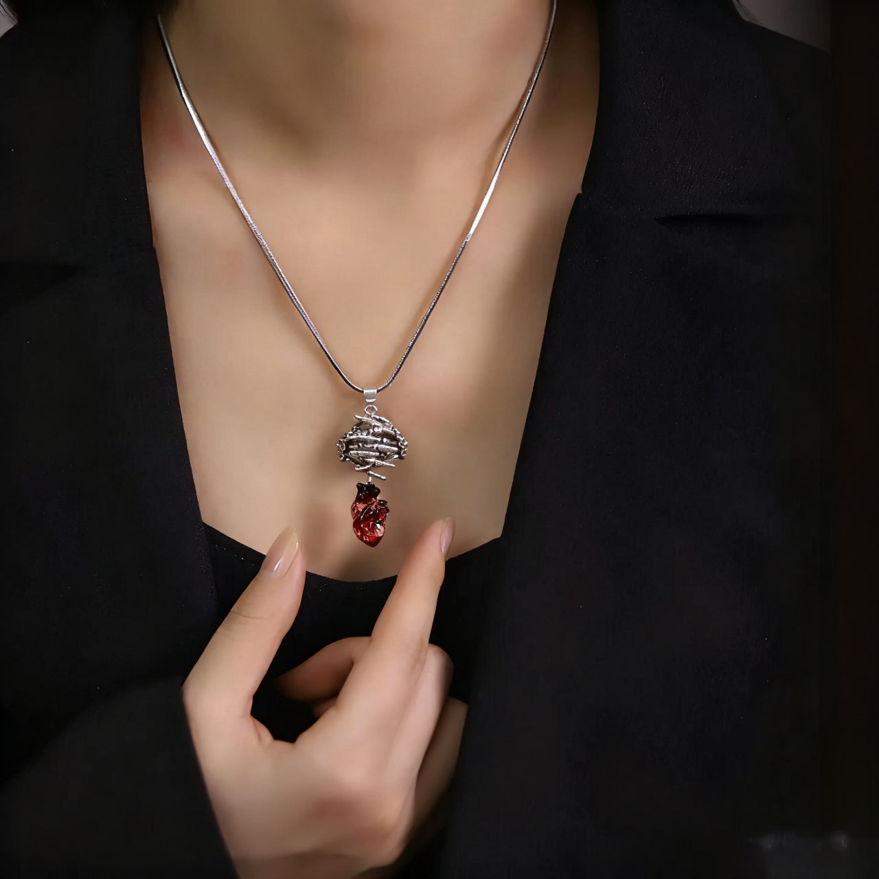 Dark Aesthetics Anatomical Bloody Heart with Skull Handmade Design Gothic Pendant