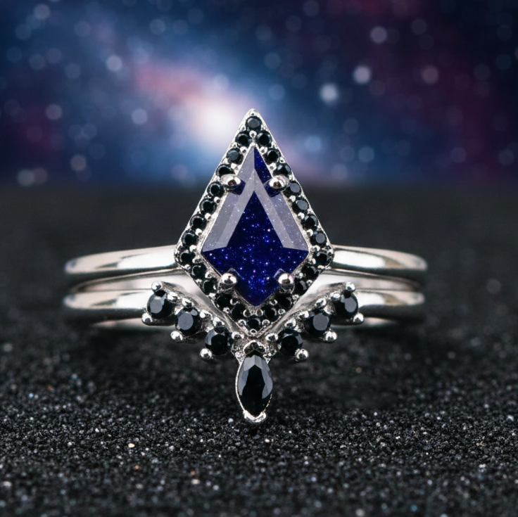 Kite Cut Blue Sandstone Starry Night Engagement Ring Set