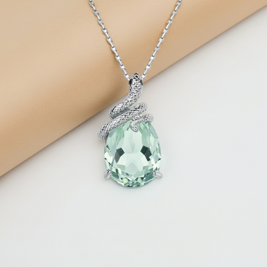Una - Pear Cut Natural Green Amethyst Mystical Serpent Carved Unique Necklace