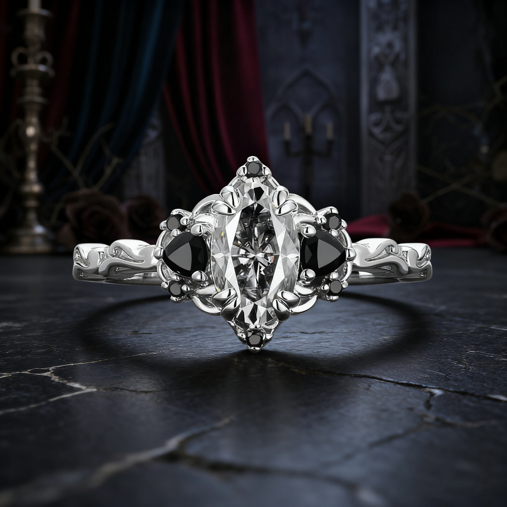 Three Stone Oval Grey Moissanite & Black Moissanite Gothic Ring