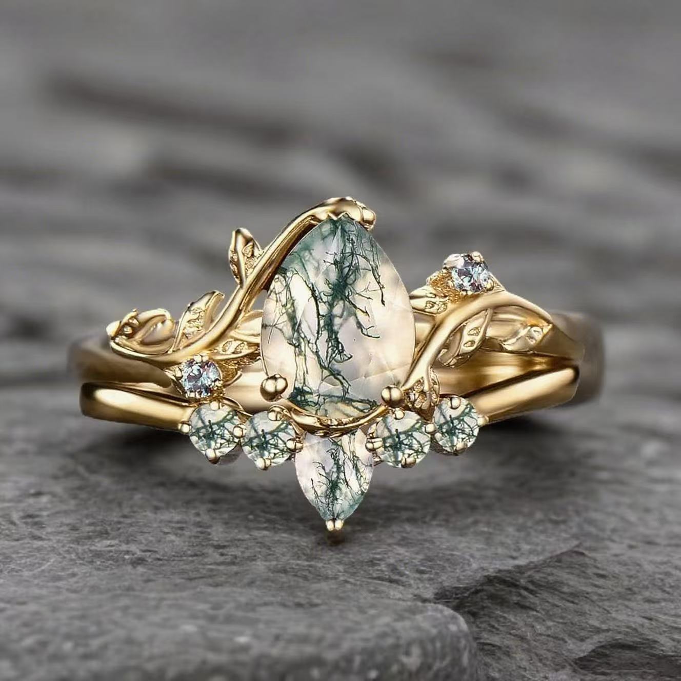 Women Vine Natural Pear Cut Moss Agate Engagement Ring Set
