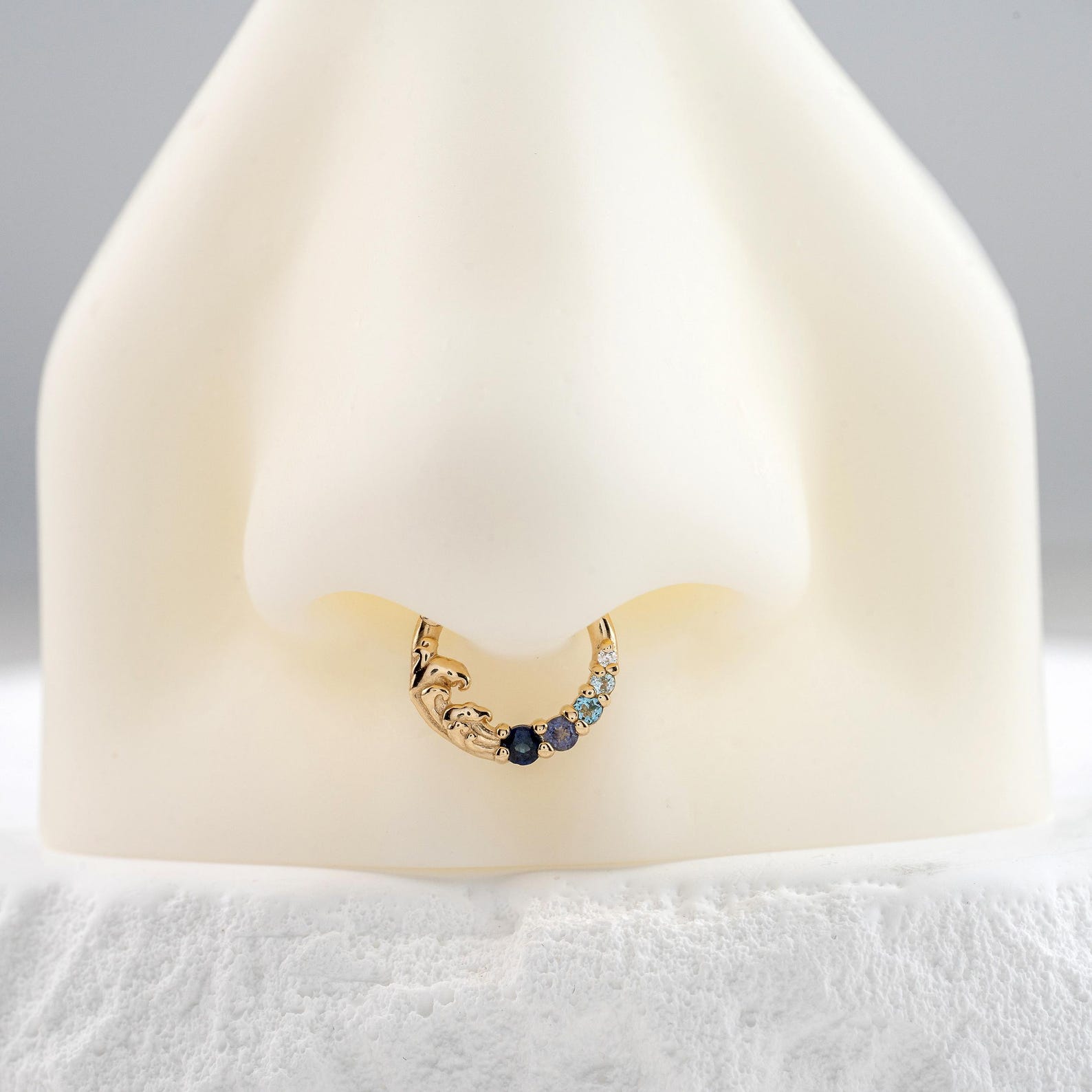 Ocean Wave Round Cut Blue Sapphire & Blue Topaz& Iolite & Moissanite Hoop Septum Ring Nose Ring  Cartilage Daith Earring