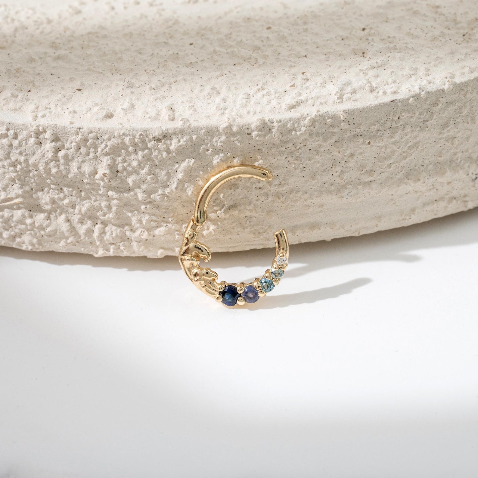 Ocean Wave Round Cut Blue Sapphire & Blue Topaz& Iolite & Moissanite Hoop Septum Ring Nose Ring  Cartilage Daith Earring