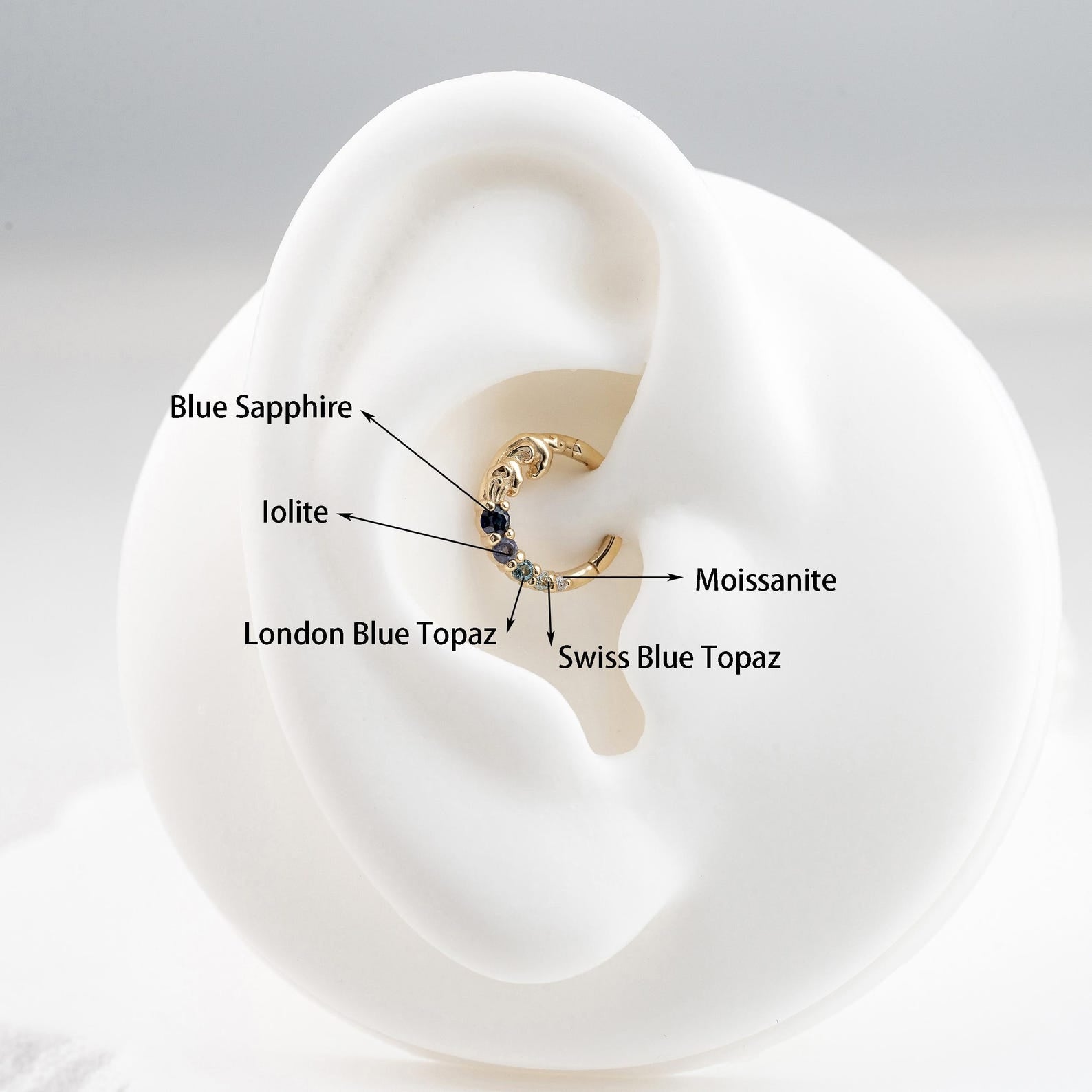 Ocean Wave Round Cut Blue Sapphire & Blue Topaz& Iolite & Moissanite Hoop Septum Ring Nose Ring  Cartilage Daith Earring