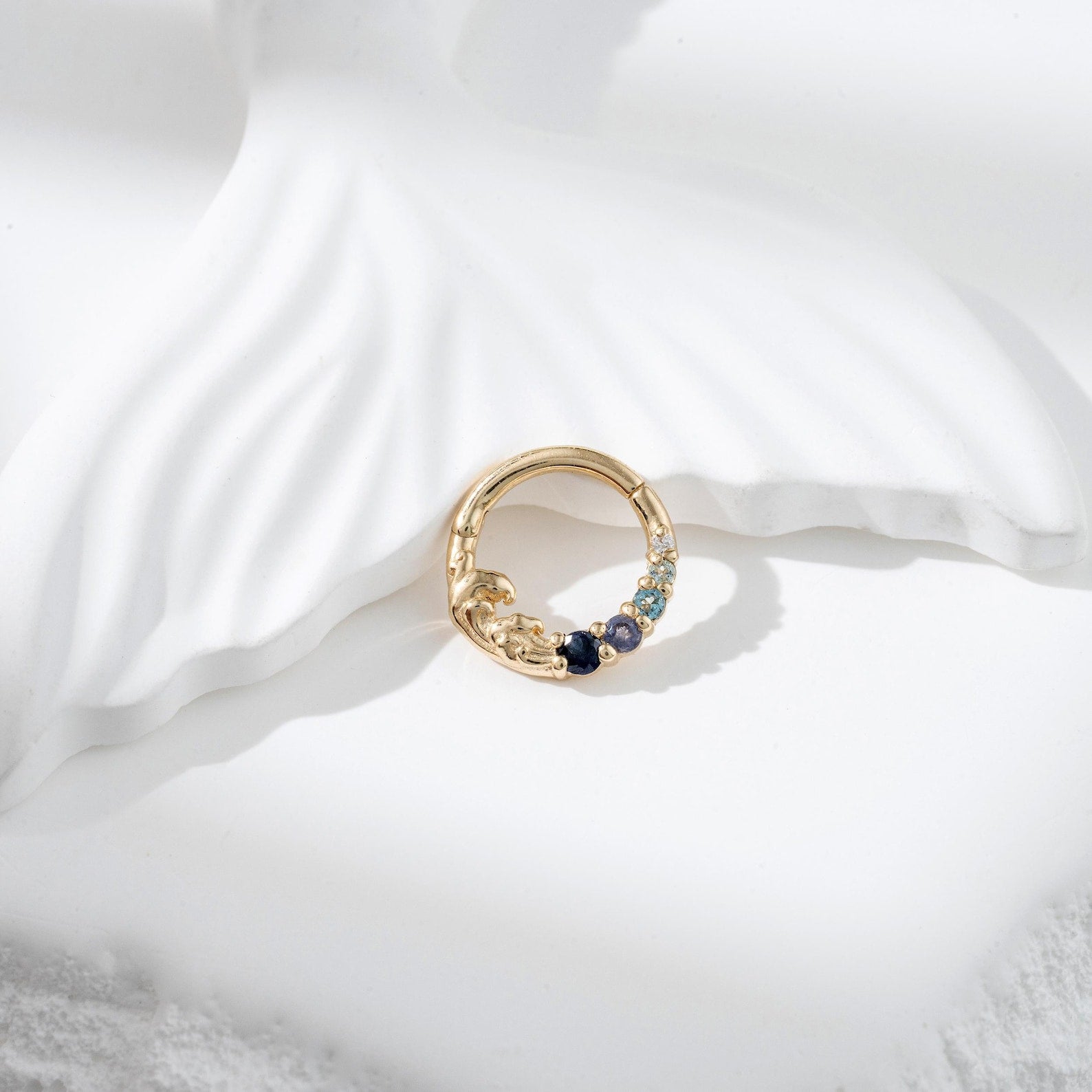 Ocean Wave Round Cut Blue Sapphire & Blue Topaz& Iolite & Moissanite Hoop Septum Ring Nose Ring  Cartilage Daith Earring