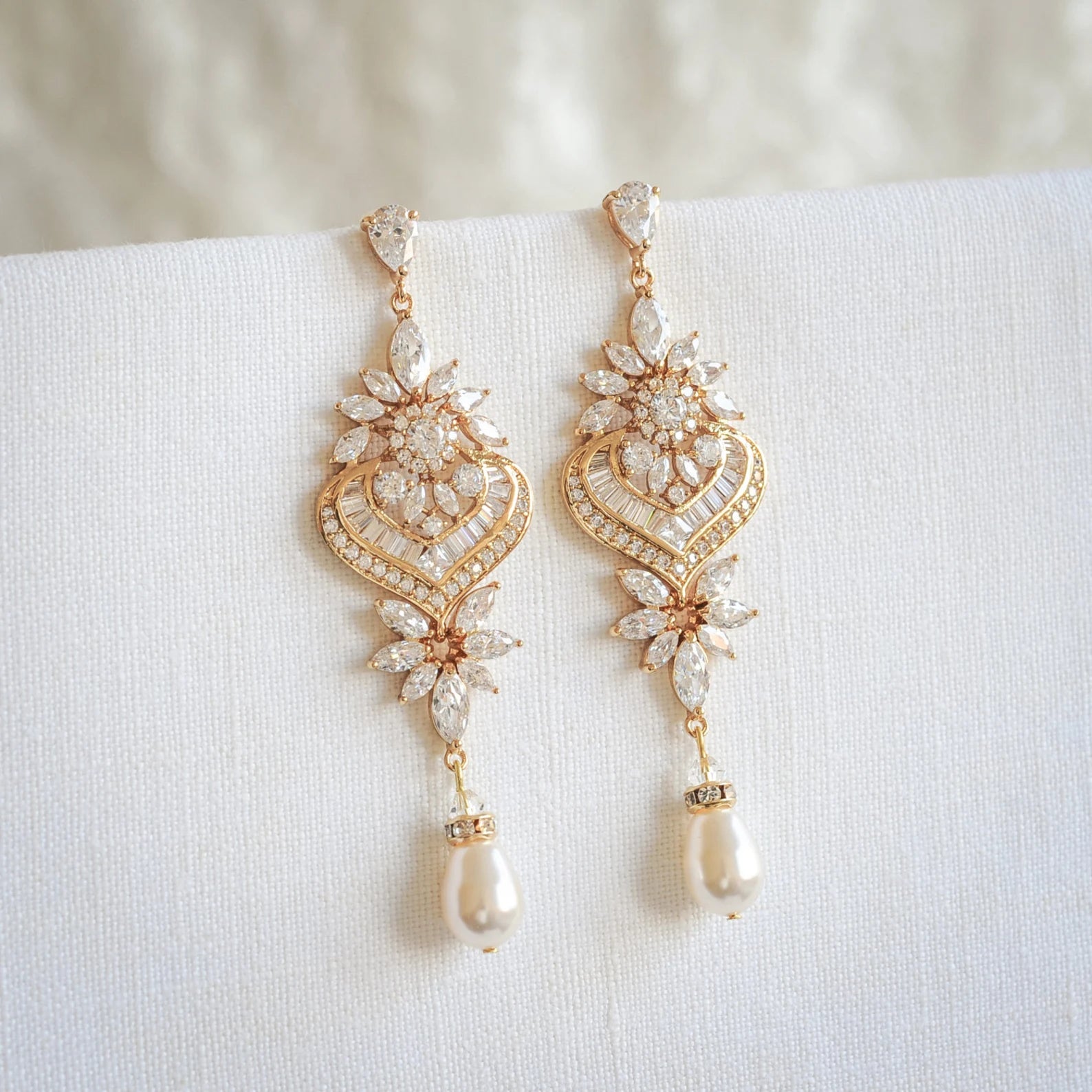 Moissanite & Pearl Chandelier Long Dangle Vintage Bridal Earrings