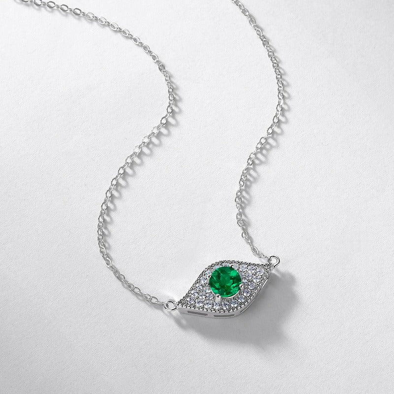 Round Cut Lab Emerald Evil Eye Shaped Necklace