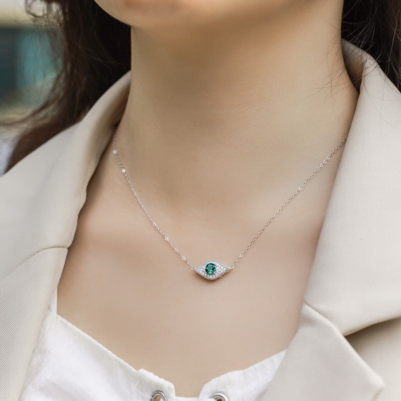 Round Cut Lab Emerald Evil Eye Shaped Necklace