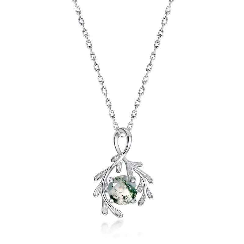 Round Cut Moss Agate Nature Inspired  Necklace