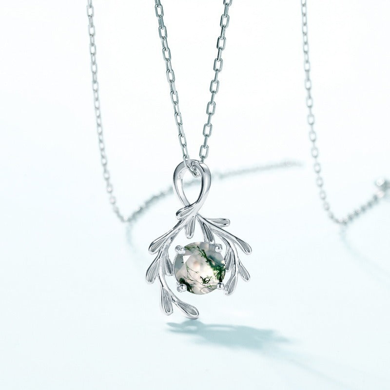 Round Cut Moss Agate Nature Inspired  Necklace