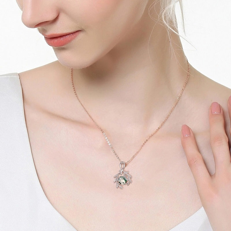 Round Cut Moss Agate Nature Inspired  Necklace
