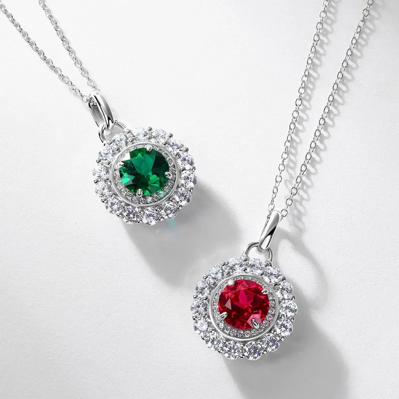 Round Cut Emerald Halo Necklace