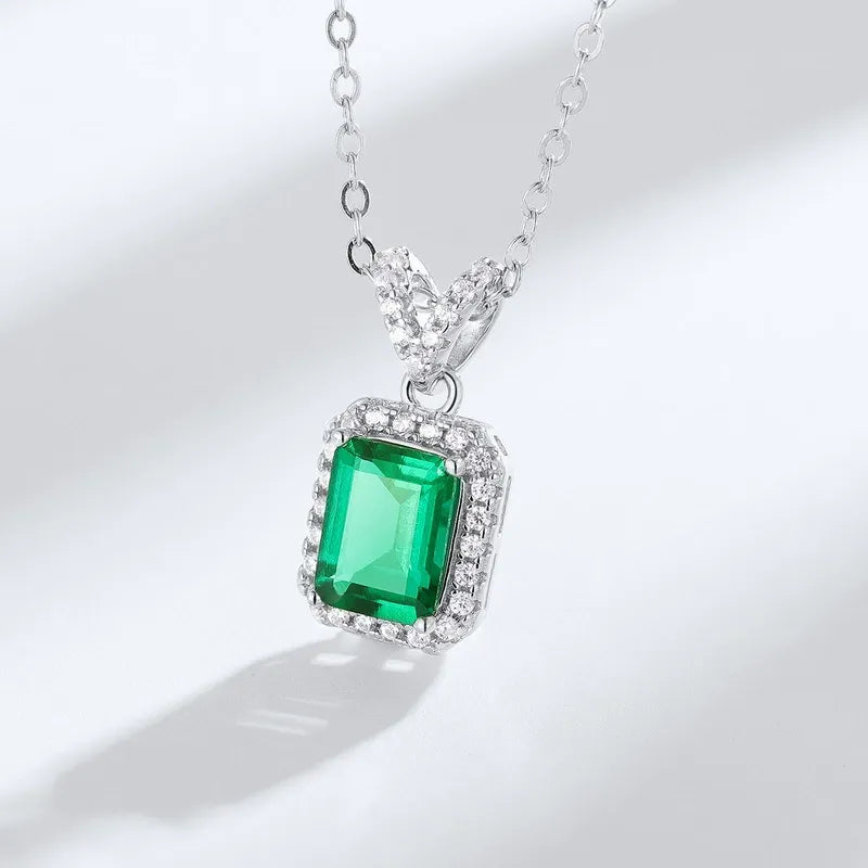 Emerald Cut Lab Emerald Halo Necklace