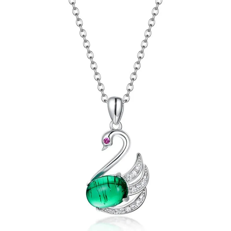 Oval Cut Lab Emerald Elegant Swan Nature Inspired Necklace