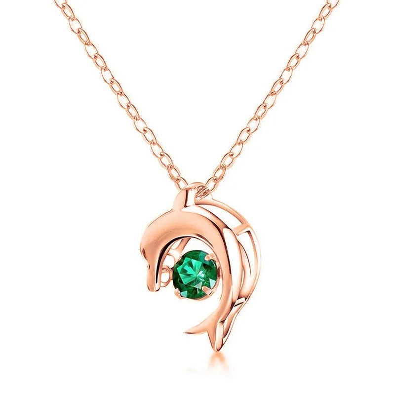 Round Cut Emerald Playful Dolphin Charm Nature Inspired Necklace