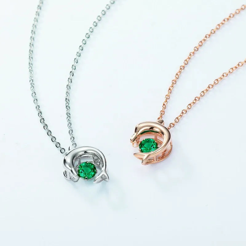 Round Cut Emerald Playful Dolphin Charm Nature Inspired Necklace
