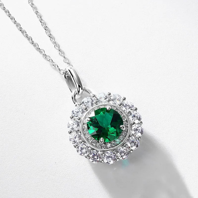 Round Cut Emerald Halo Necklace