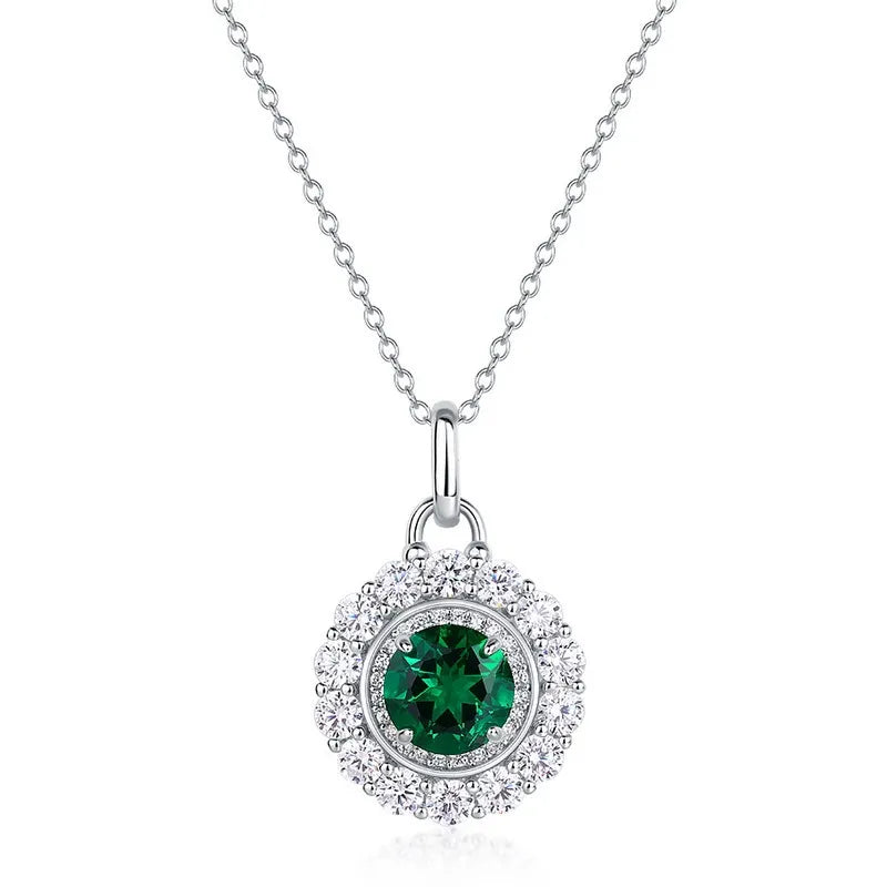 Round Cut Emerald Halo Necklace