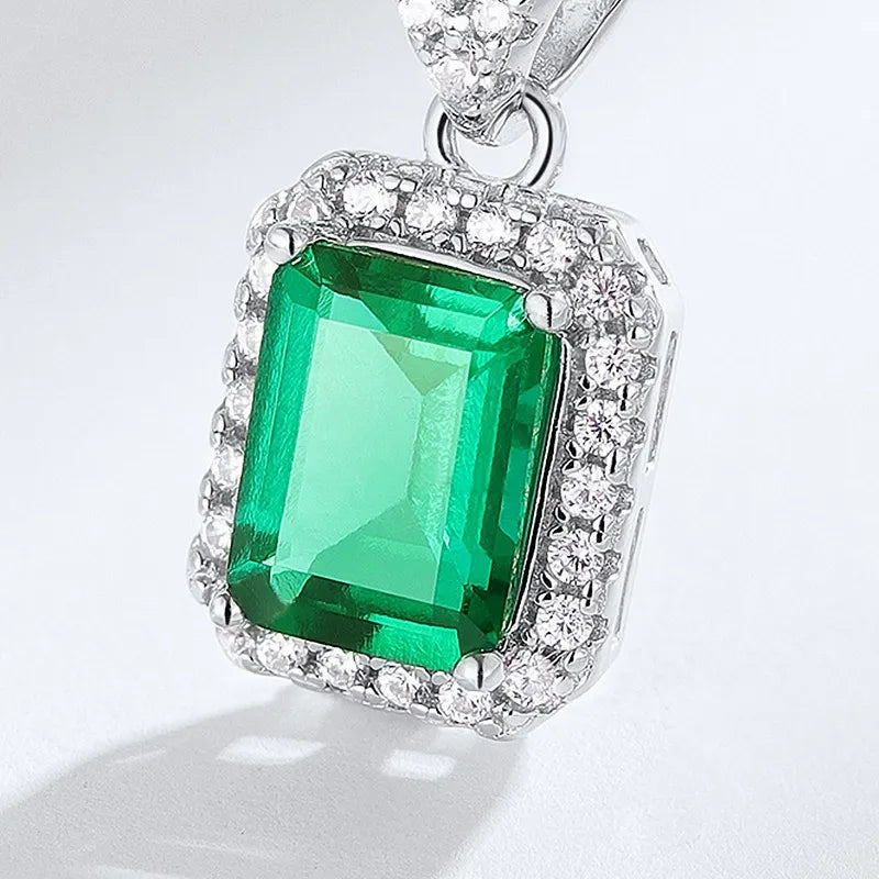 Emerald Cut Lab Emerald Halo Necklace